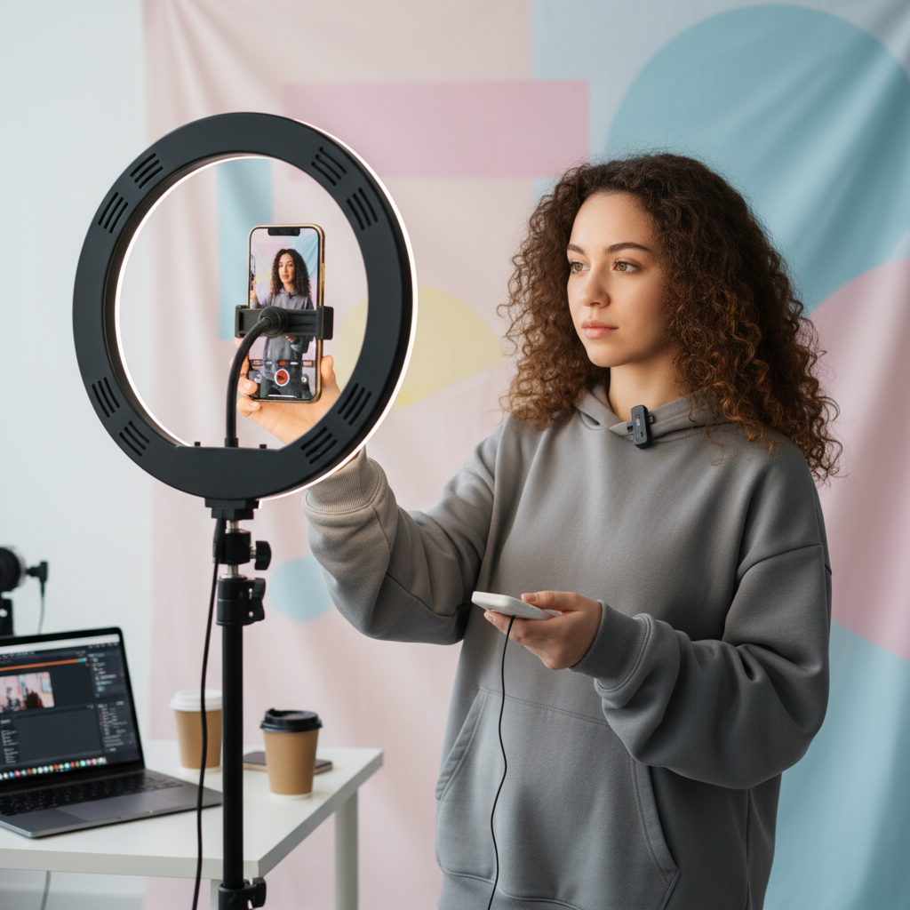 a content creator filming a vertical video on a smartphone with ring light setup