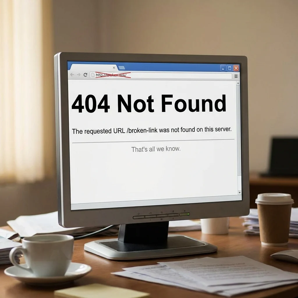 a broken website link notification on a computer screen