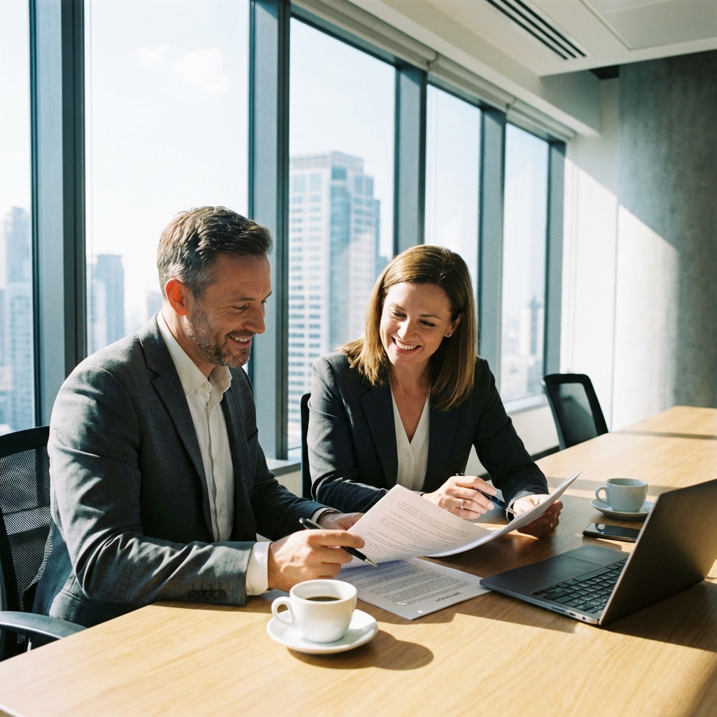 two business partners reviewing a contract together