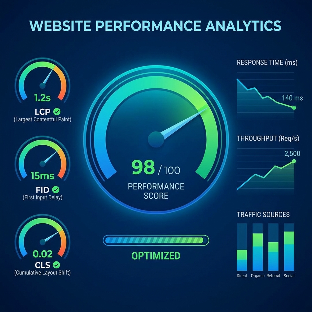 graphic of website performance metrics with speedometer and charts
