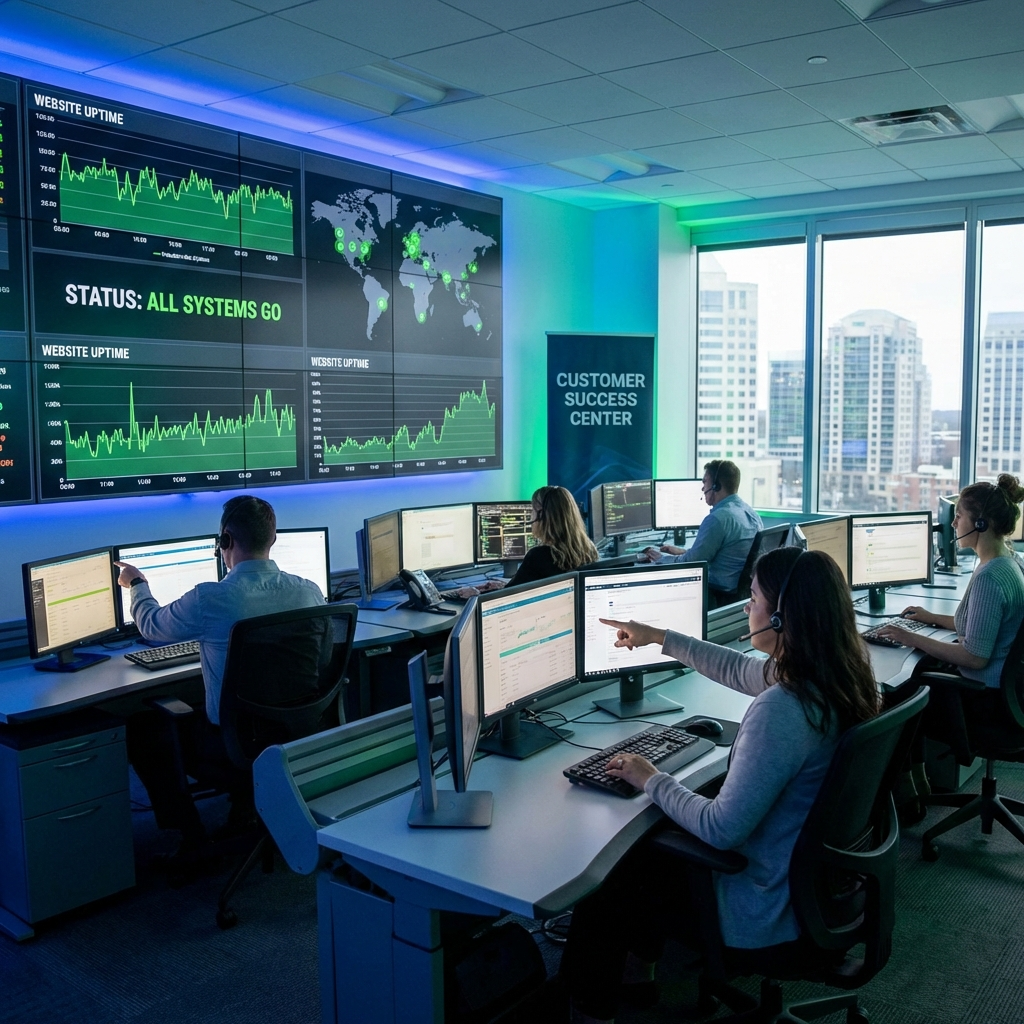 customer support team monitoring website uptime in a control room