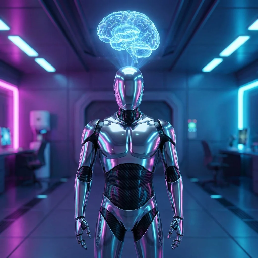 a futuristic robot with a glowing brain hologram
