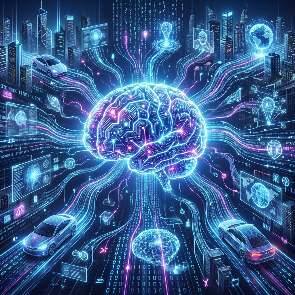 Illustration of AI technology in action, digital brain and data streams