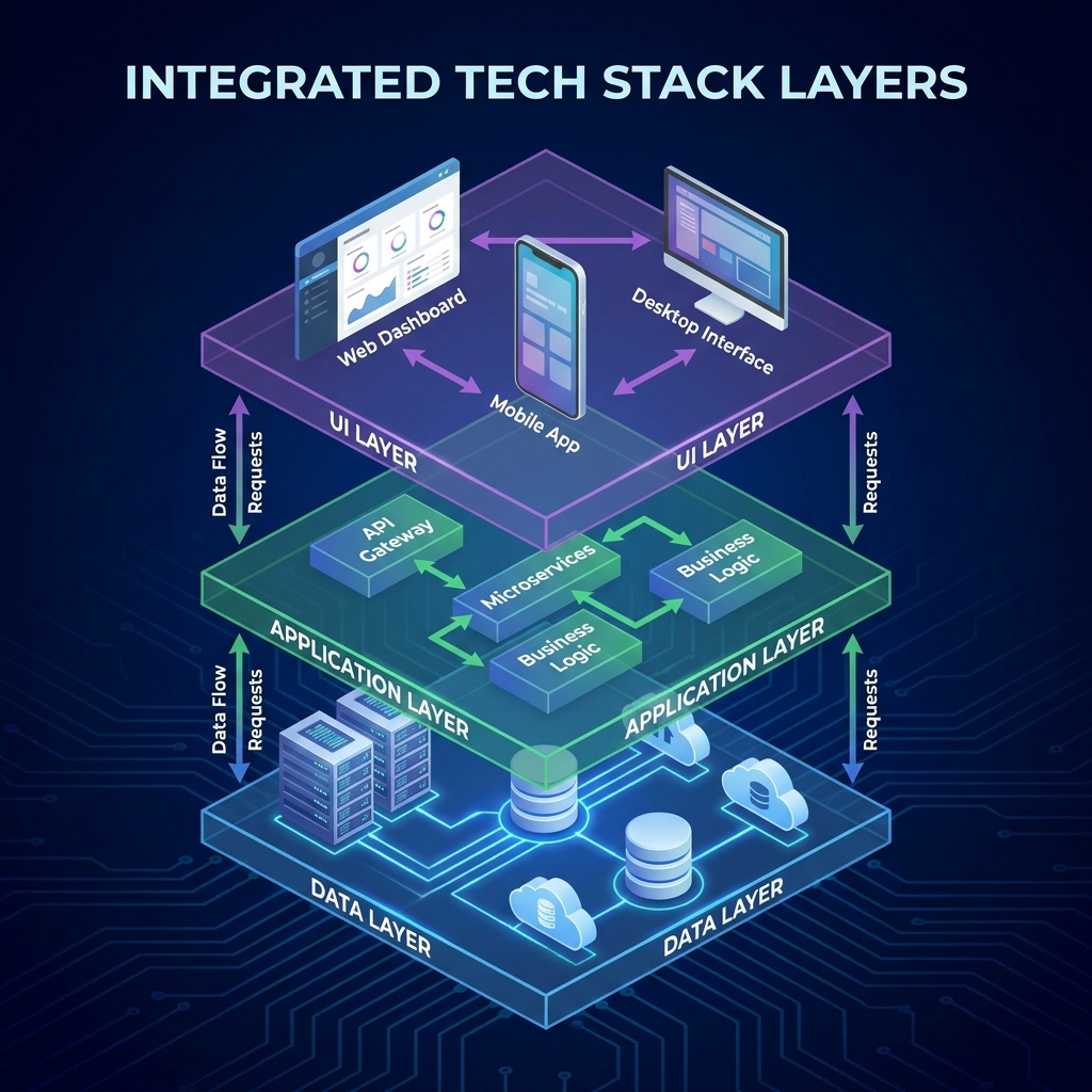 A multi-layer tech stack illustrating data, application, and UI layers integration