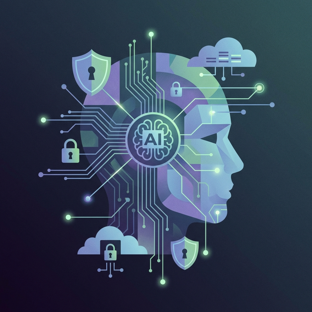 abstract graphic of AI with data privacy symbols