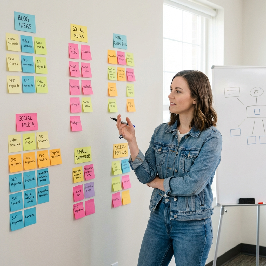 a marketer brainstorming website content with sticky notes on a wall