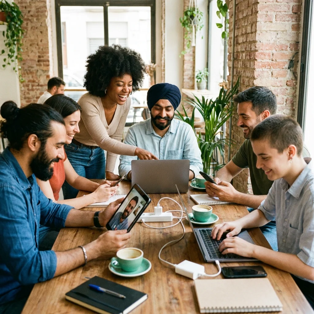 diverse group of people using smartphones and laptops in a casual meeting