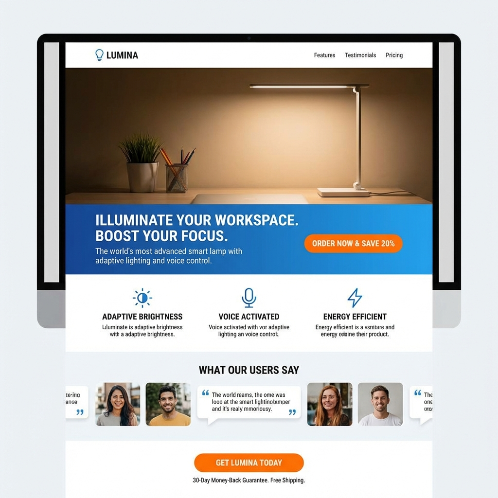 a website landing page designed for high conversion, showing product info and a call-to-action button