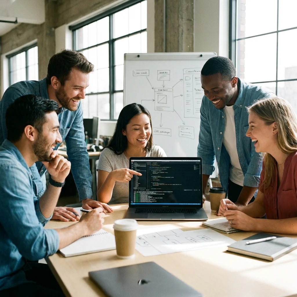 team of developers collaborating around a laptop with code on screen