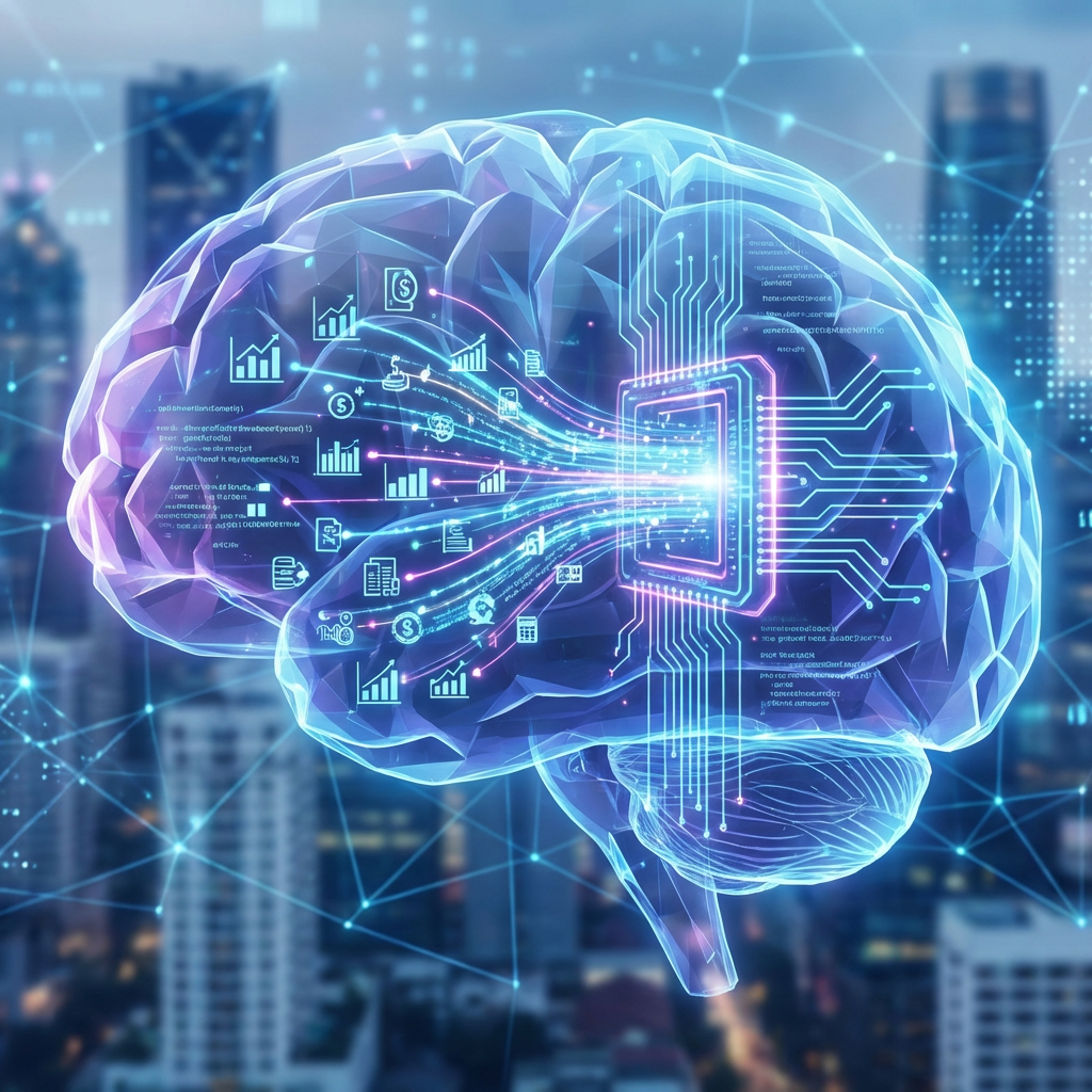 conceptual image of artificial intelligence analyzing business data streams