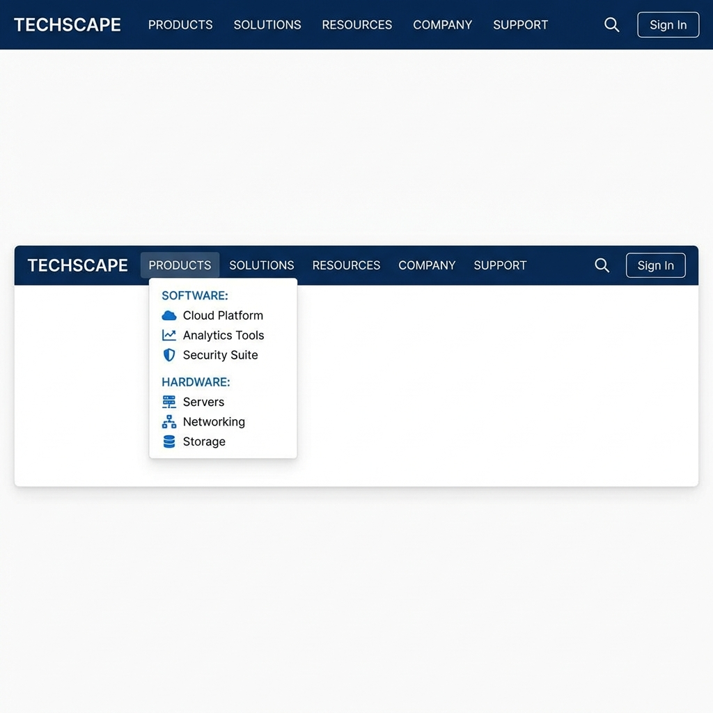 website navigation bar with clearly labeled categories and dropdown menu