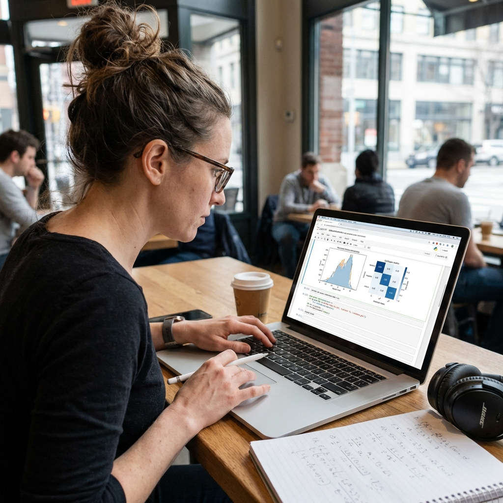 a data scientist analyzing machine learning model performance metrics on a laptop