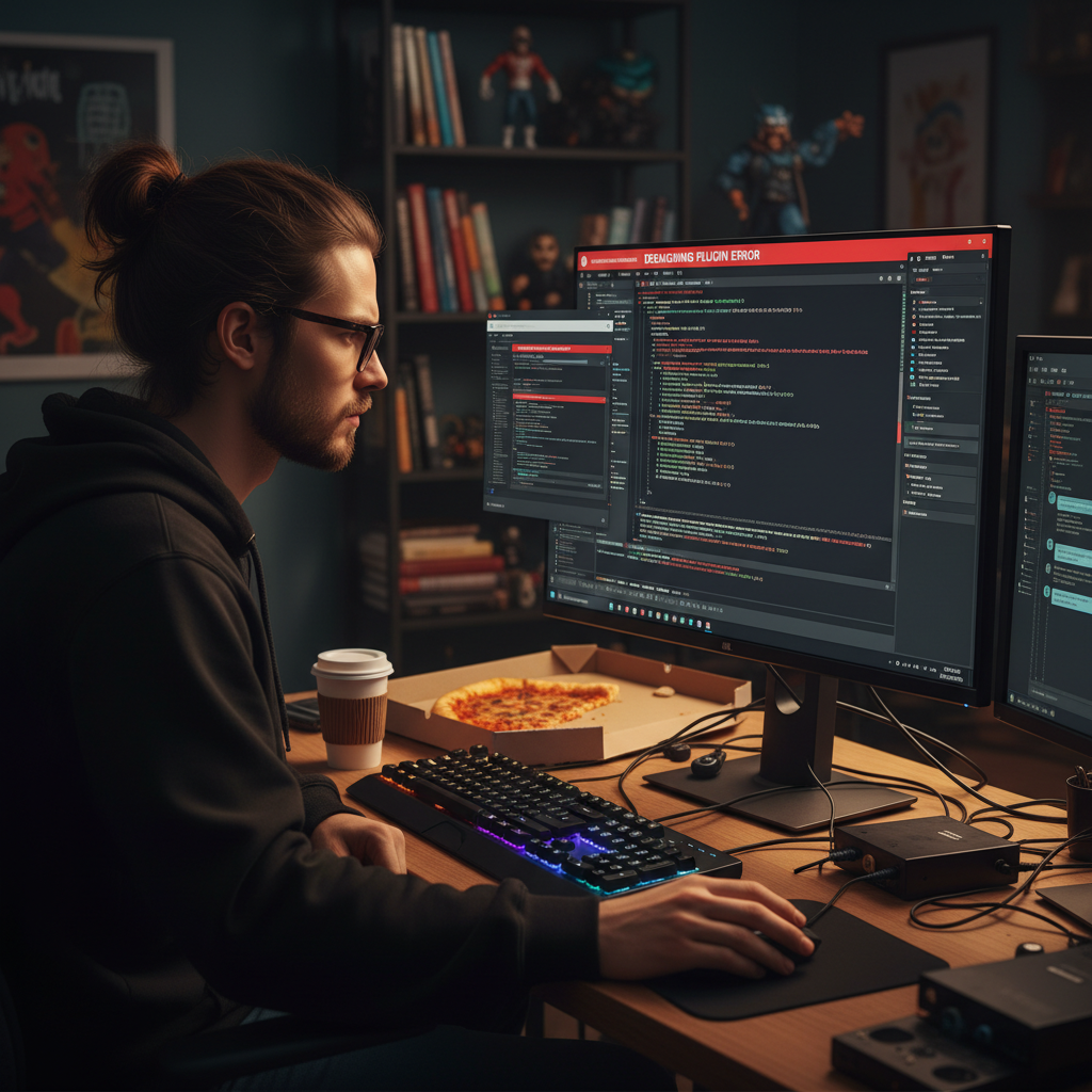 software developer debugging plugin error on computer screen