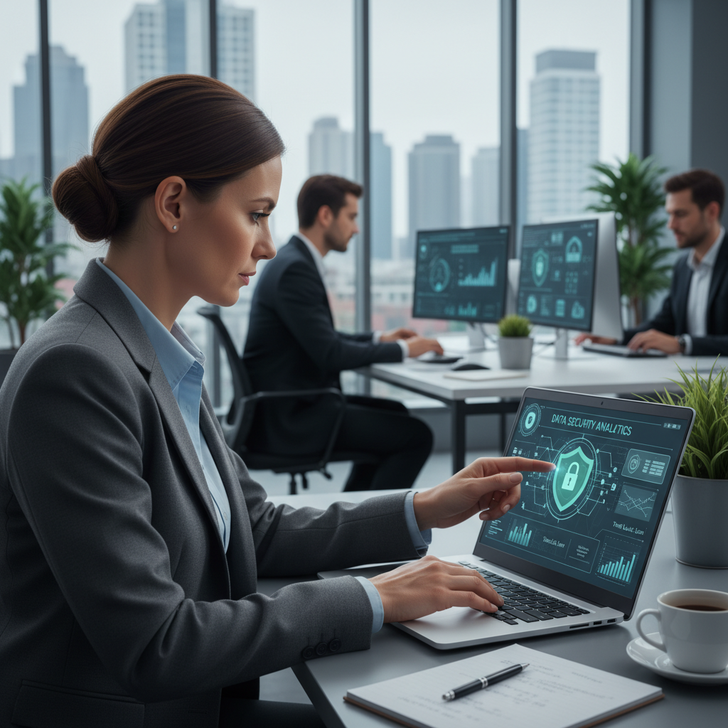 business professional reviewing data security on laptop, office background
