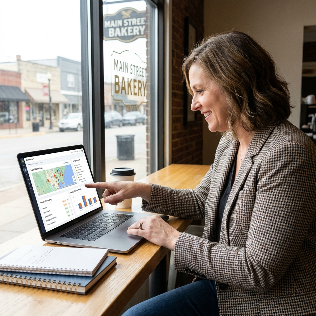 business owner optimizing website on laptop with local SEO tools