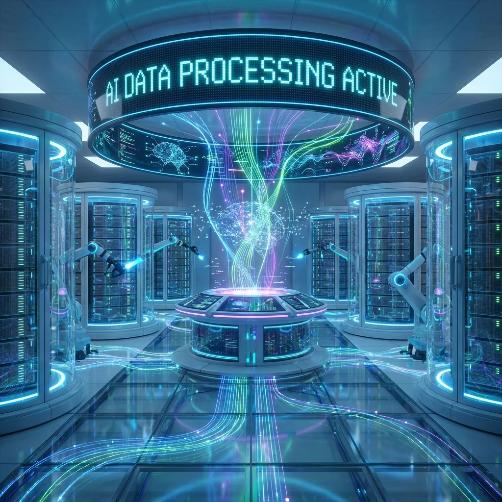 a futuristic server room with AI data processing visualization