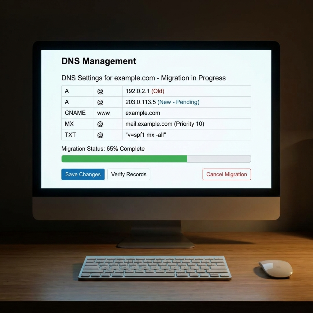 computer screen showing DNS settings for website migration