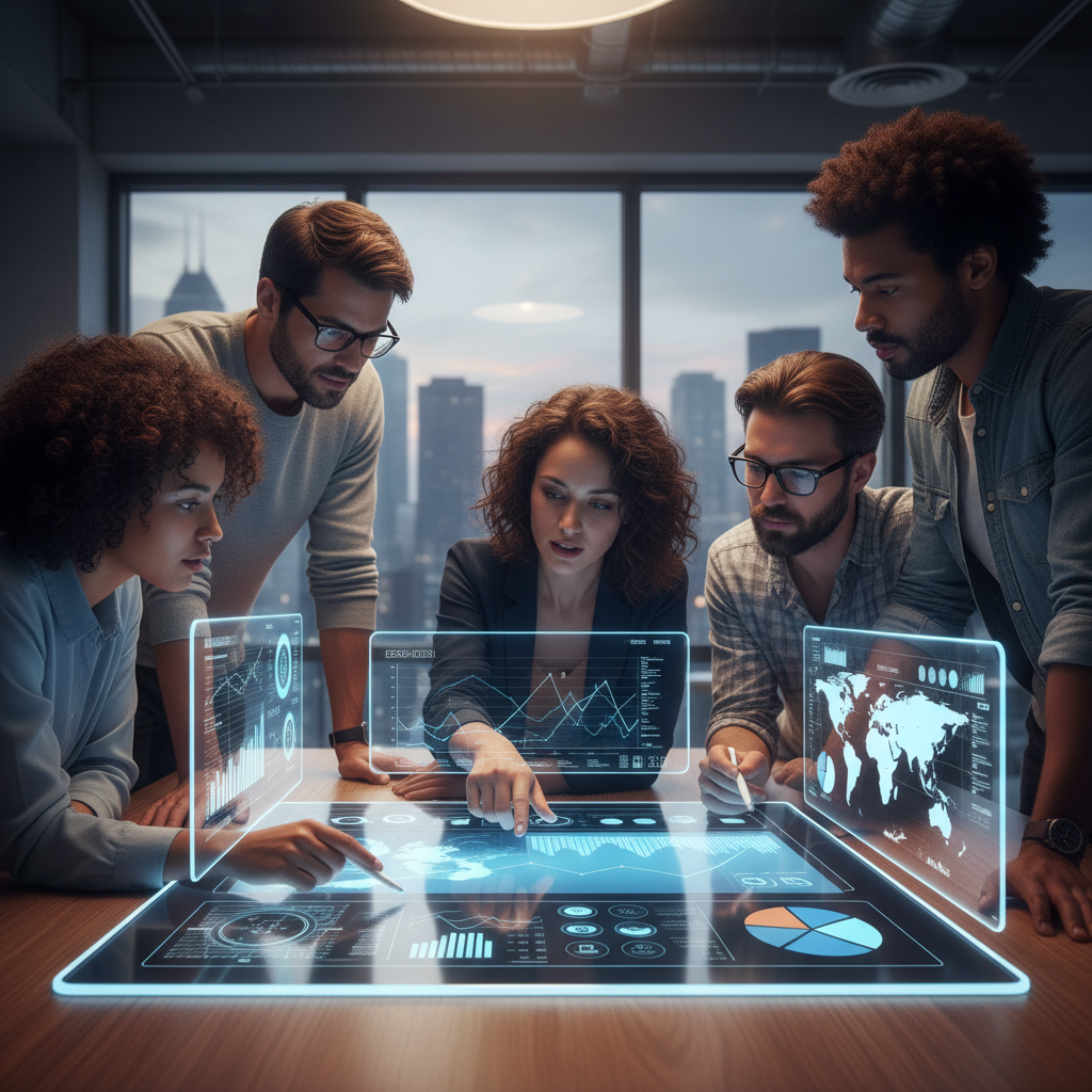 diverse group of people analyzing data on a digital tablet
