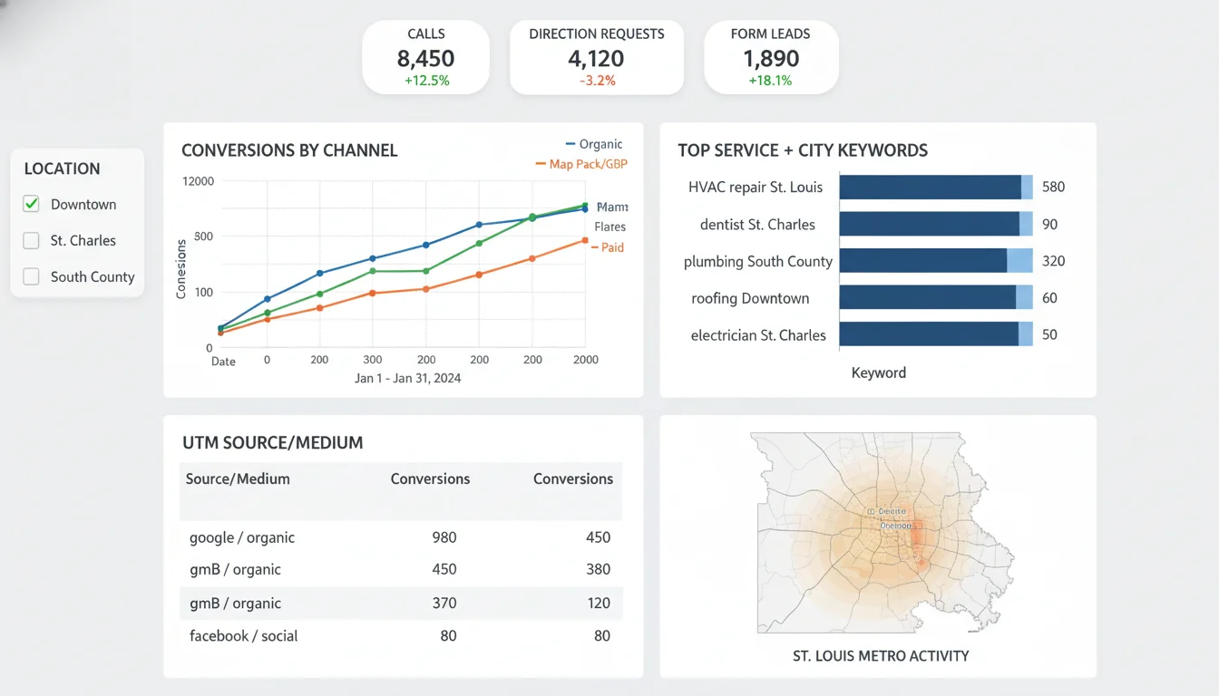 Sample Local SEO dashboard showing calls, direction requests, and form leads by St. Louis location with trend charts and attribution