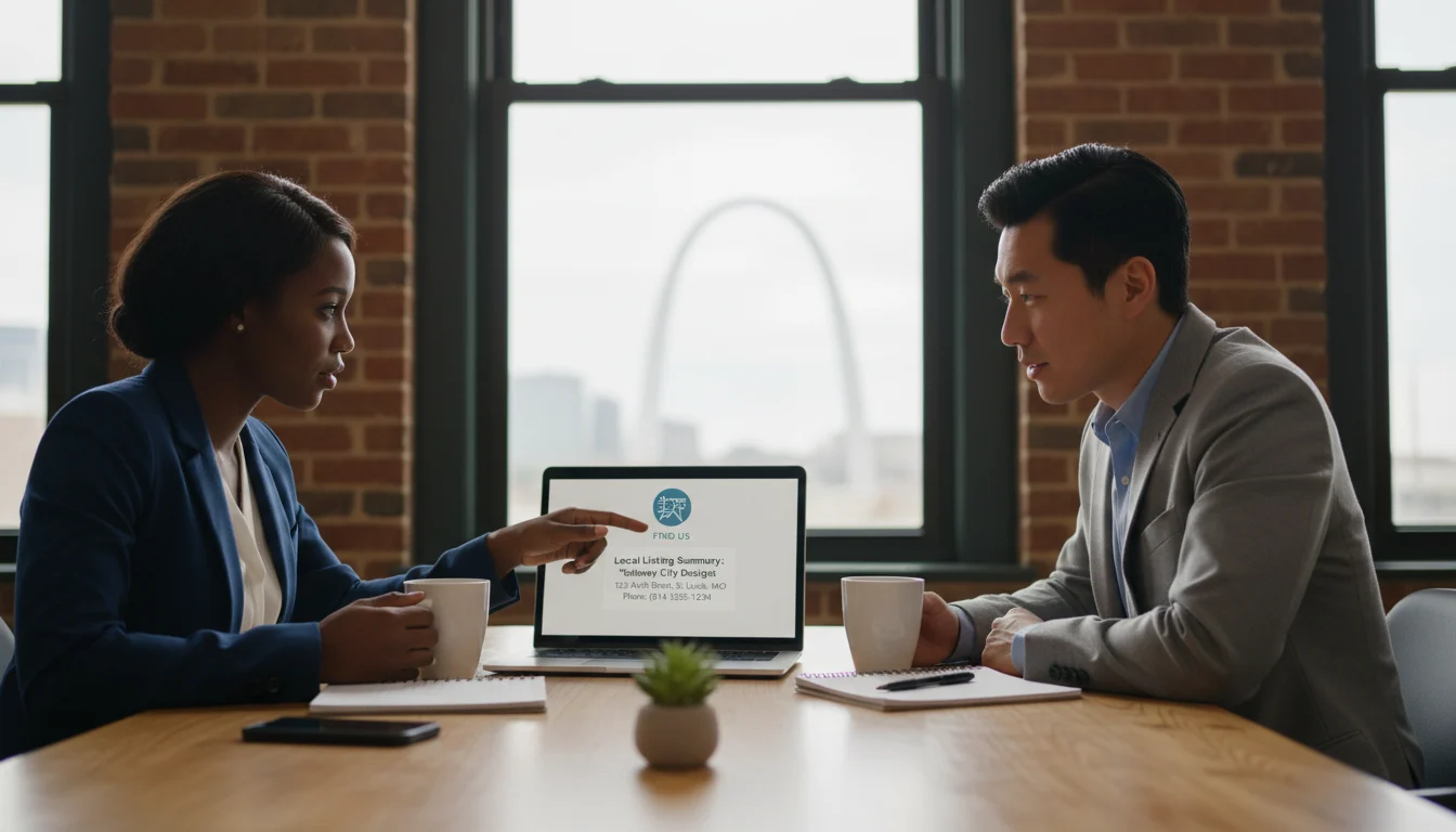 STL CodeScape consultant meeting with a St. Louis small business owner, reviewing a local listing and website on a laptop with the Gateway Arch visible through the window