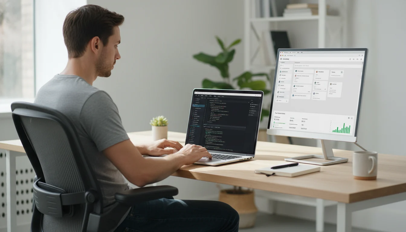 Developer working on a custom WordPress theme with code editor and a generic page speed panel showing high scores on a laptop and external monitor.
