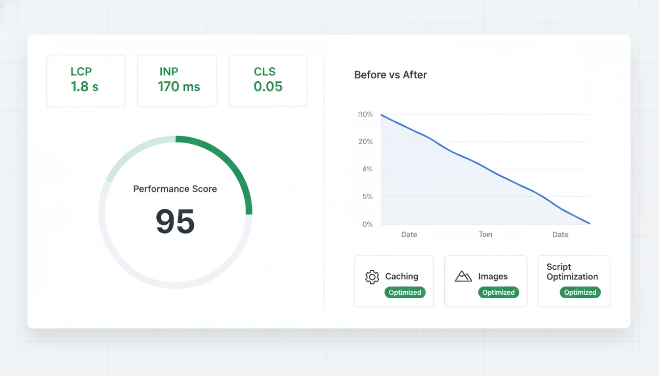 Generic analytics dashboard showing Core Web Vitals with green status for LCP, INP, and CLS, a speed score in the 90s, and a before-and-after load time chart.