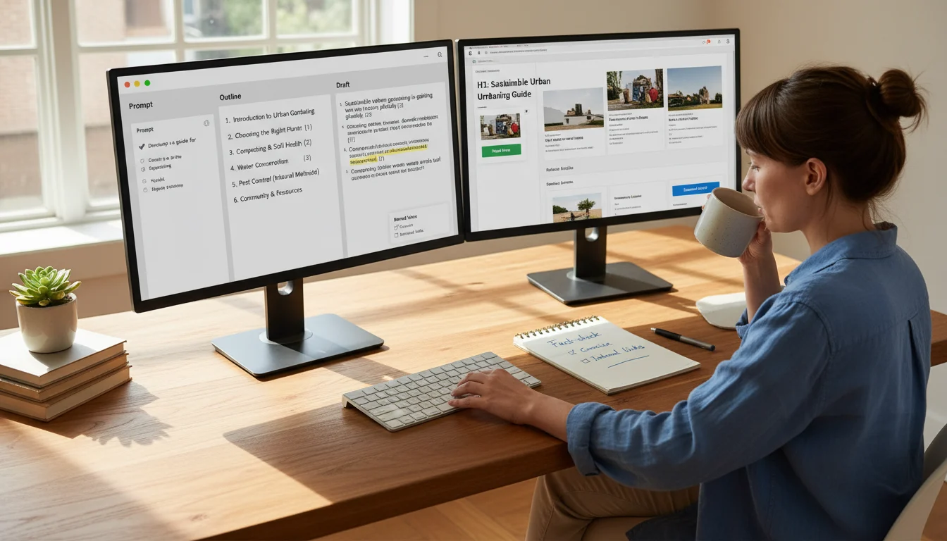 Editor reviewing an AI-assisted content draft on a dual-monitor setup with a prompt panel, outline, draft with citations, and a brand voice checklist.