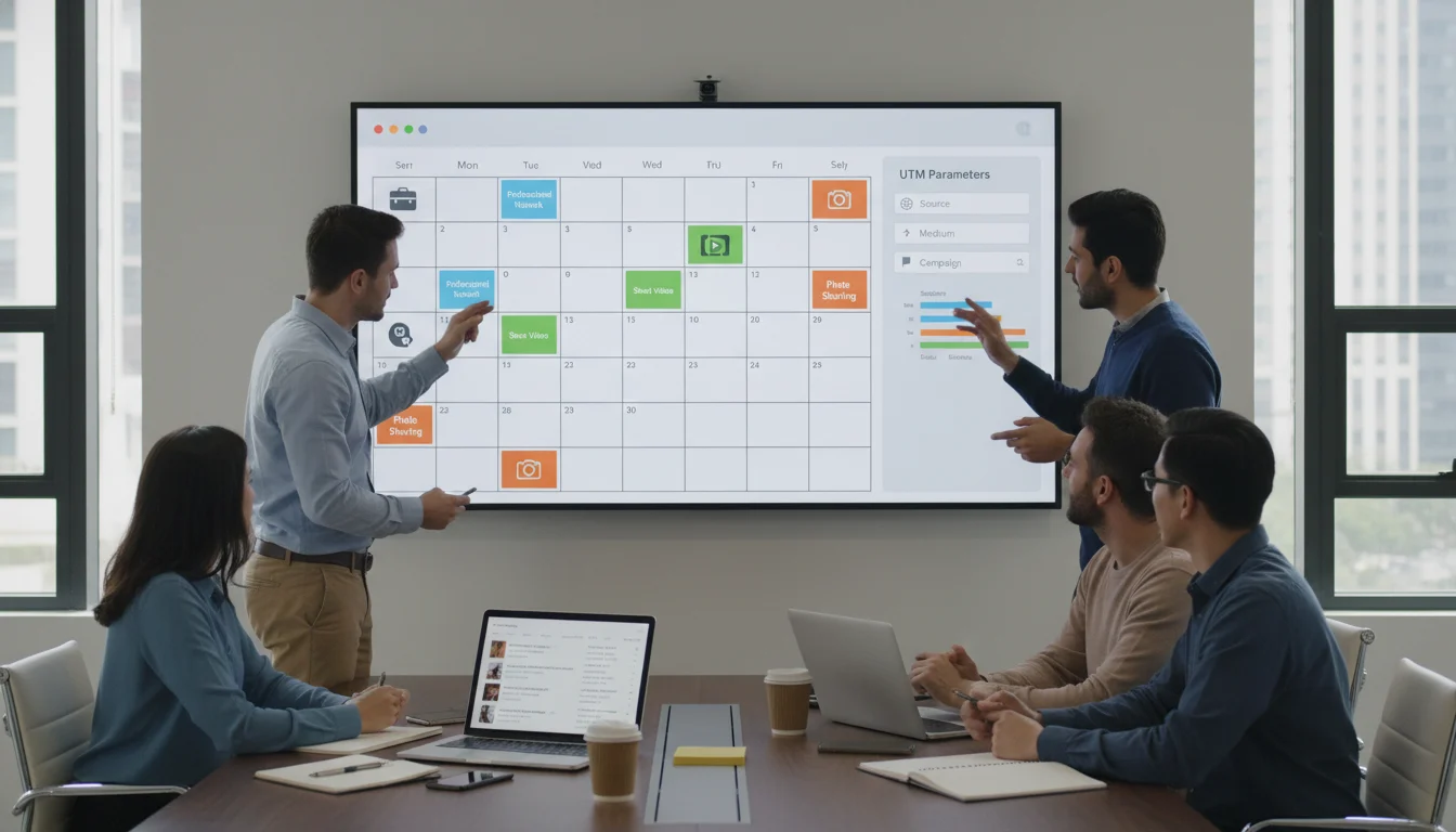 Team reviewing a social media content calendar on a large screen with scheduled posts, UTM parameters, and a generic analytics panel showing clicks and conversions.