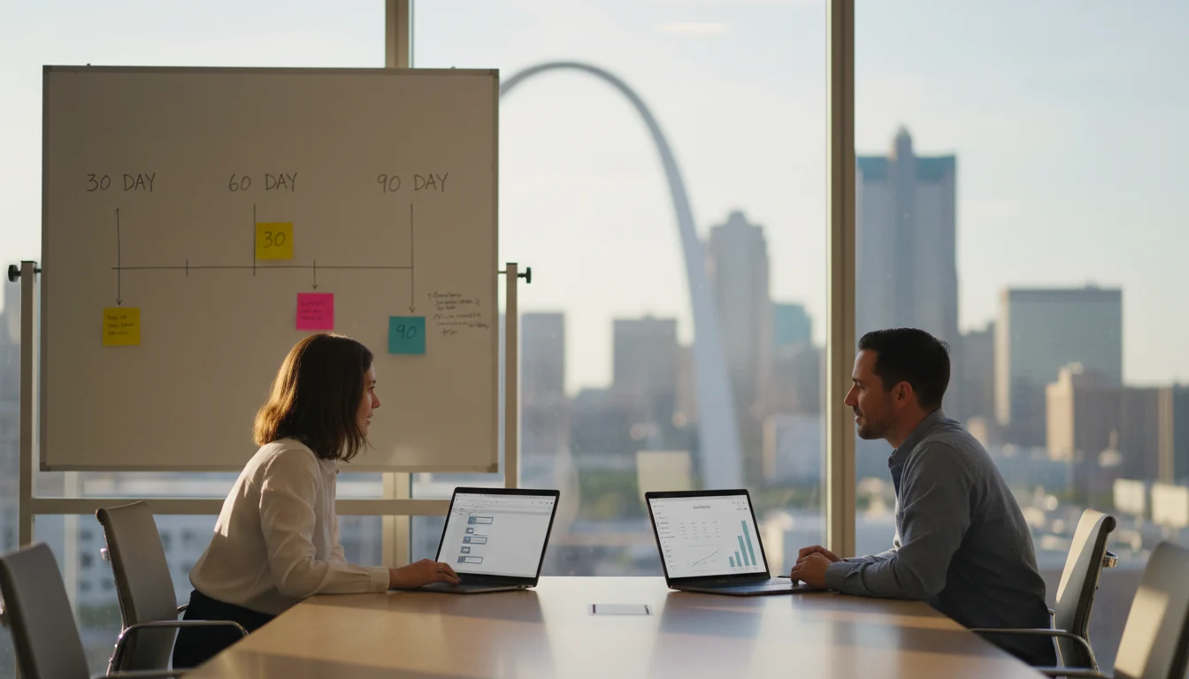 Marketing consultant leading a 30/60/90-day growth planning workshop with WordPress and analytics dashboards visible; St. Louis Gateway Arch in the background.
