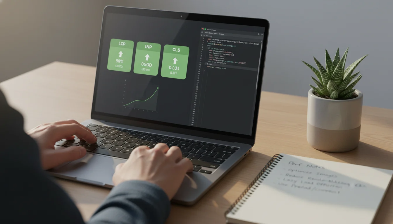 Developer reviewing a Core Web Vitals dashboard with LCP, INP, and CLS in the green, alongside optimized critical CSS in a code editor.