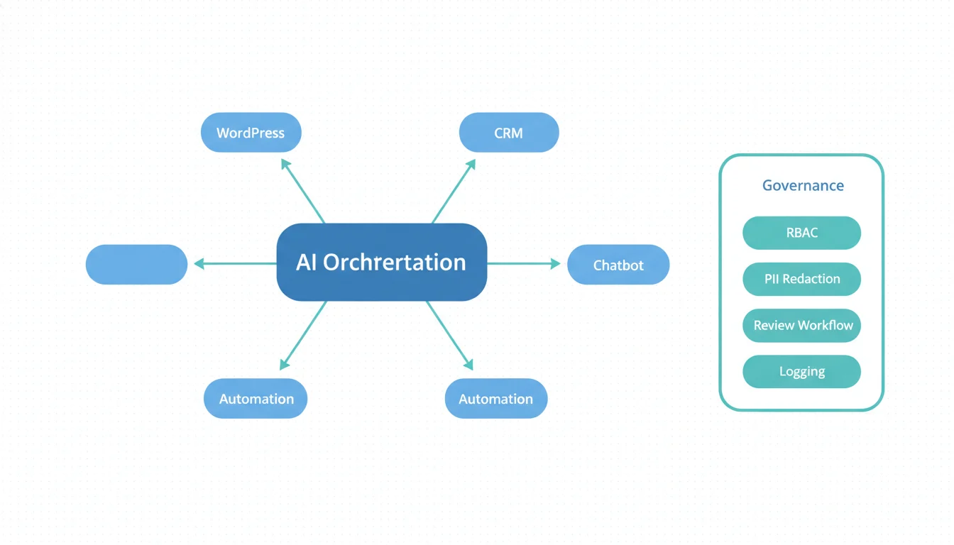 AI architecture diagram connecting WordPress, CRM, Chatbot, Analytics, and Automation with guardrails for governance, privacy, and role-based access.