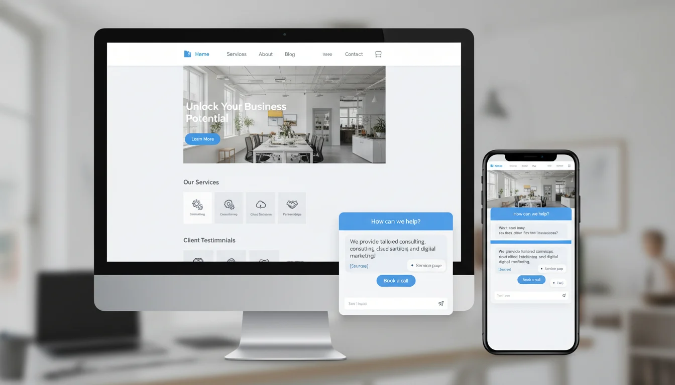 Website mockup with a chatbot widget answering a service question, offering to book a call, and citing on-site sources for the response.