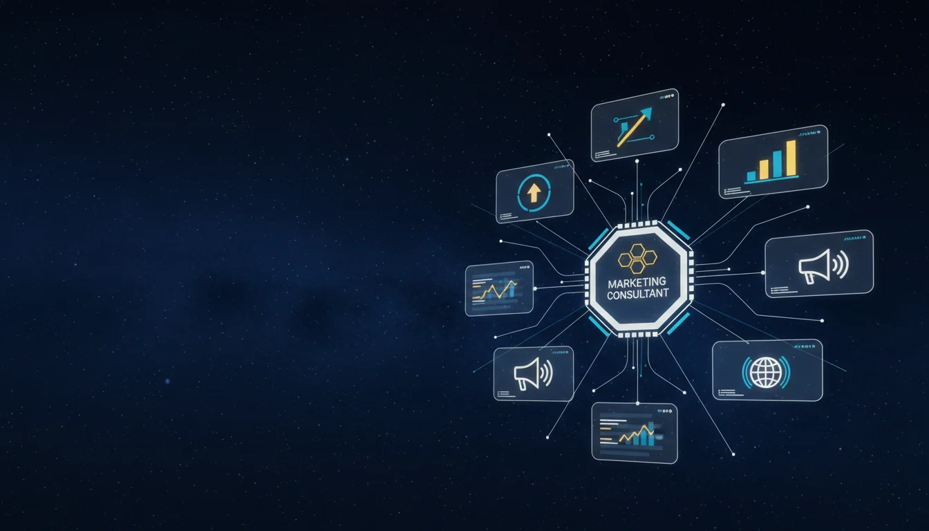 Marketing Consultant header image - Futuristic ‘Marketing Consultant’ command-center interface floating in a dark, starry digital space, no physic