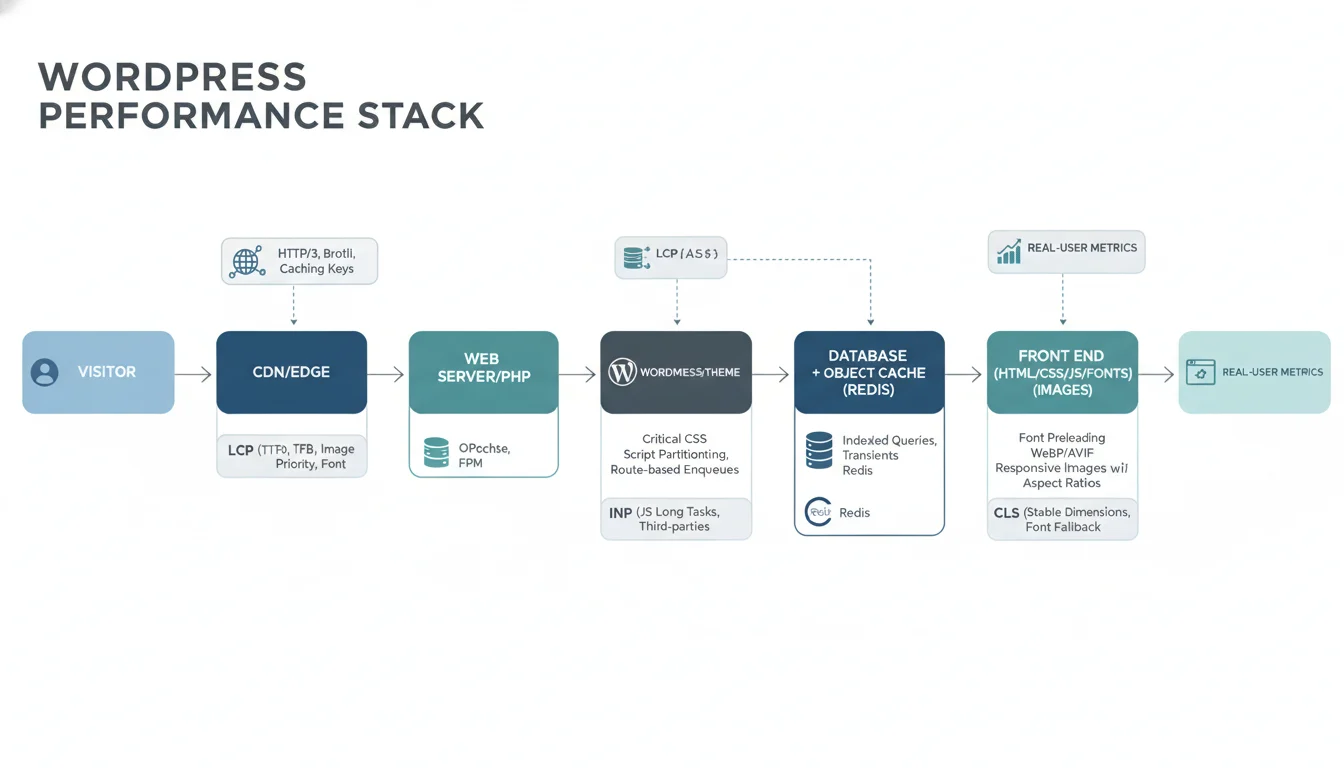 Diagram of the WordPress performance stack—CDN/edge, web server/PHP, WordPress theme, database/object cache, and front end—annotated with how each layer affects LCP, INP, and CLS.