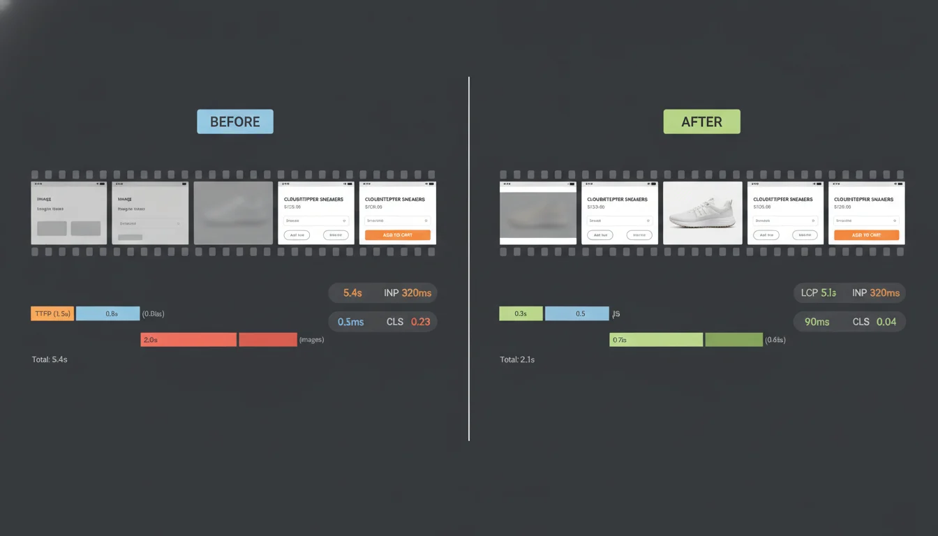 Before-and-after mobile product page load comparison with filmstrips and simplified waterfalls, showing LCP improving from 5.4s to 2.1s and INP from 320ms to 90ms.