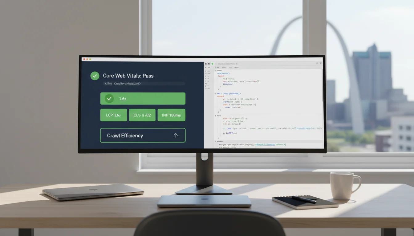Workspace with analytics dashboard showing Core Web Vitals passing and a WordPress theme code editor, with the St. Louis skyline in the background.