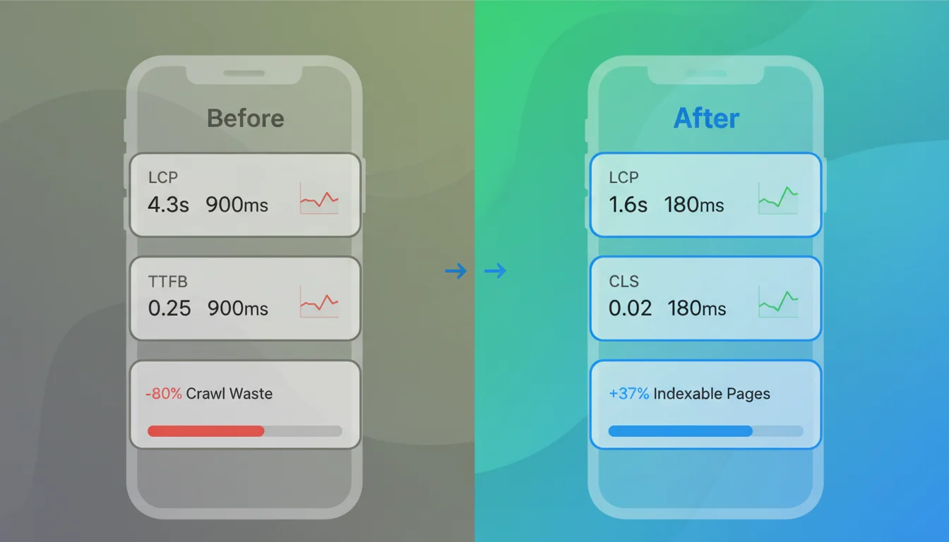 Before-and-after mobile performance comparison showing LCP, TTFB, and CLS improvements after WordPress optimization.