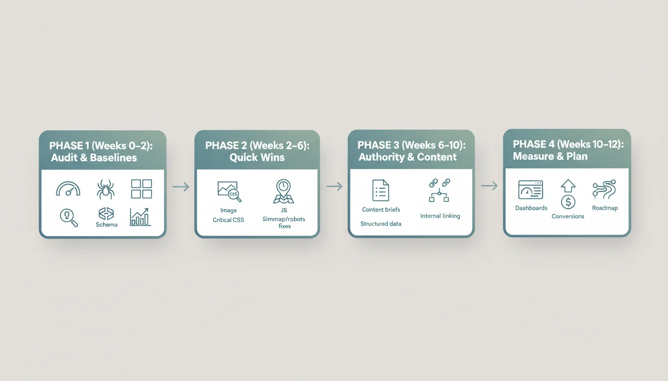 Four-phase 90-day SEO roadmap timeline showing audit, quick wins, content and authority building, and measurement and planning.
