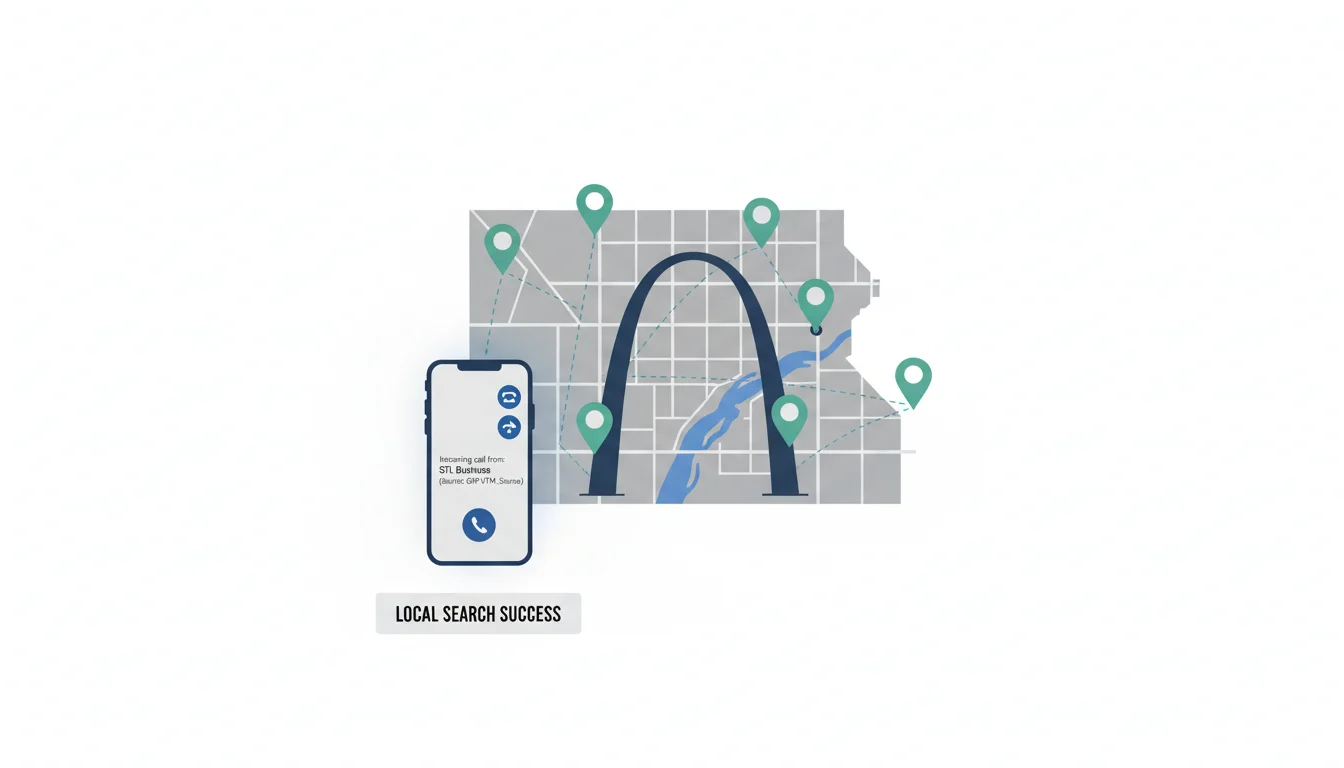 Stylized St. Louis map with location pins and a smartphone showing a tracked business call for local SEO attribution.