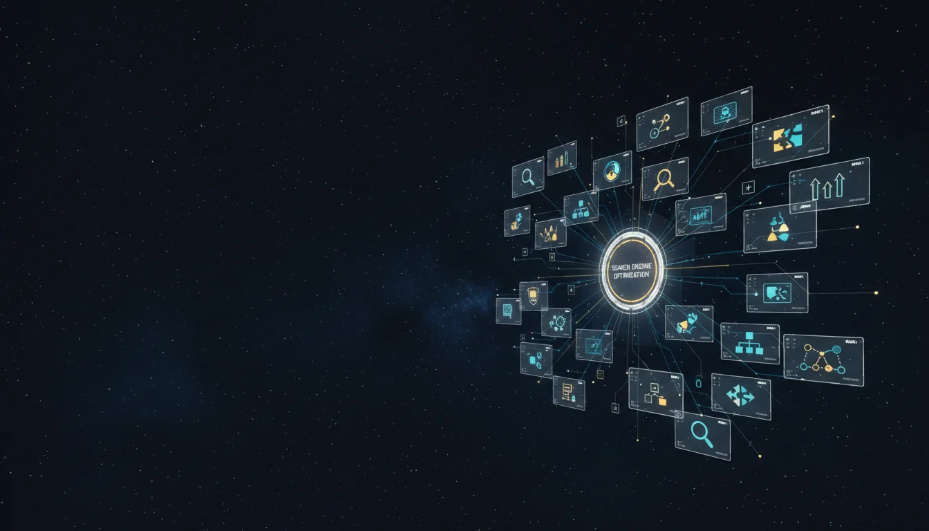 Search Engine Optimization header image - Futuristic ‘Search Engine Optimization’ command-center interface floating in a dark, starry digital space, no