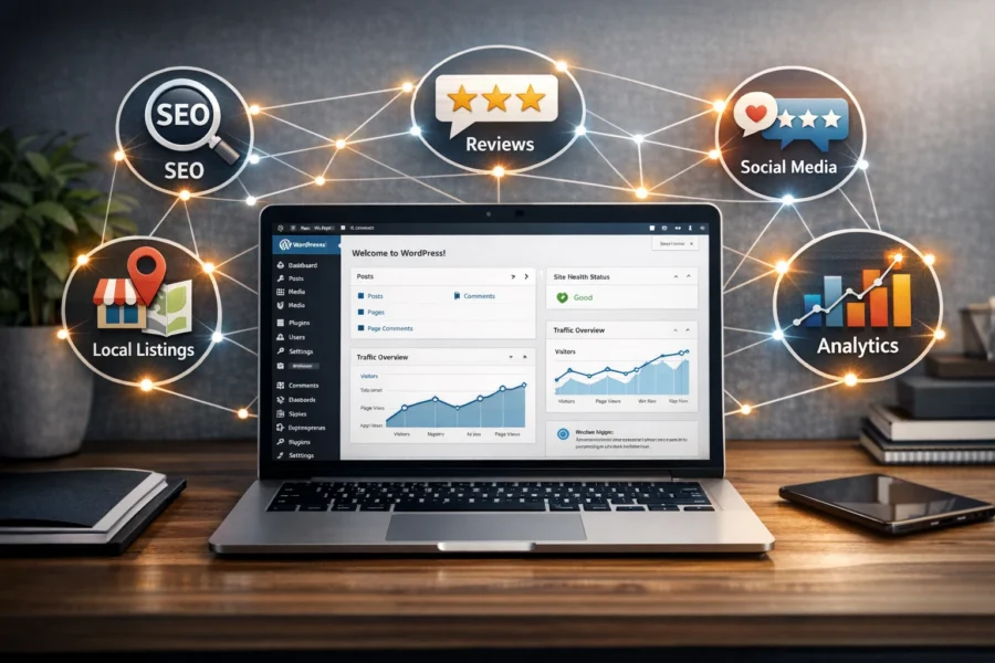 Digital marketing workspace featuring a WordPress dashboard on laptop with interconnected icons of SEO, local listings, reviews, social media, and analytics representing integrated web presence services