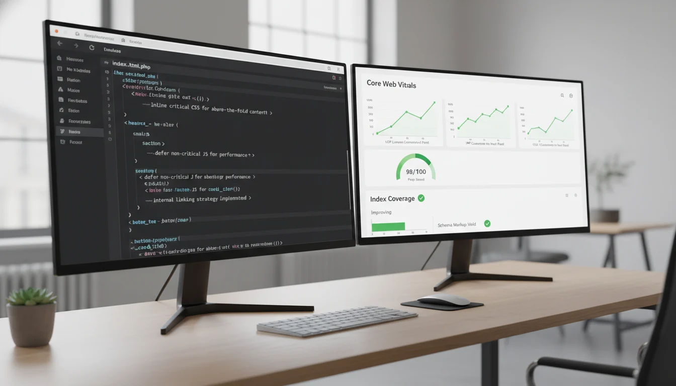 Dual‑monitor setup showing clean WordPress‑style theme code and an analytics dashboard with Core Web Vitals (LCP, INP, CLS) trending upward.
