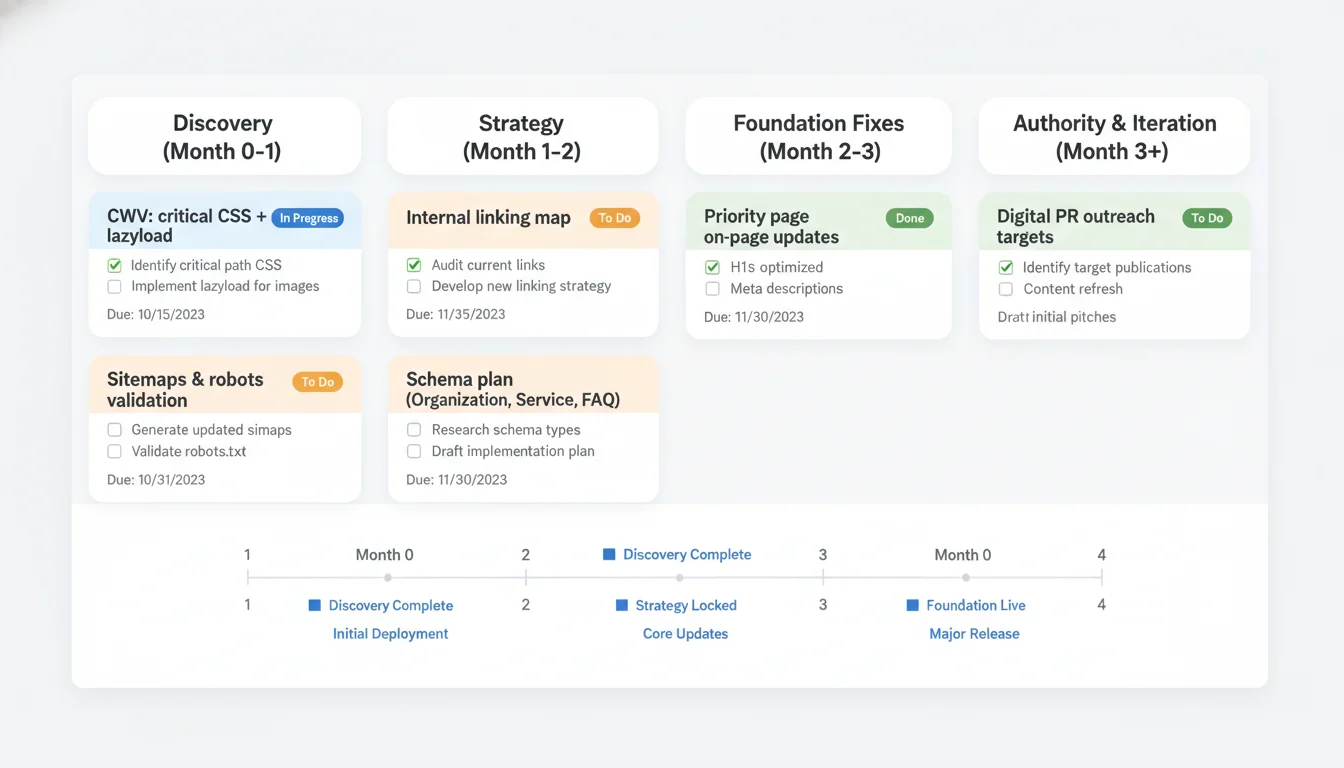 SEO process board with columns for Discovery, Strategy, Foundation Fixes, and Authority Building, showing tickets like Core Web Vitals, sitemaps and robots, schema plan, and internal linking map.