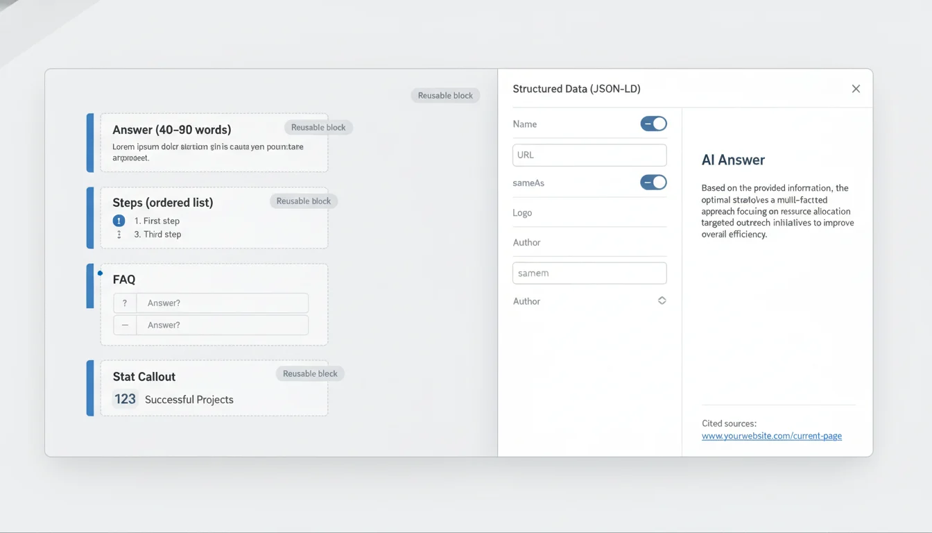 Editor view with Answer and Steps blocks and a schema sidebar, next to a sample AI answer card that cites the page as a source.