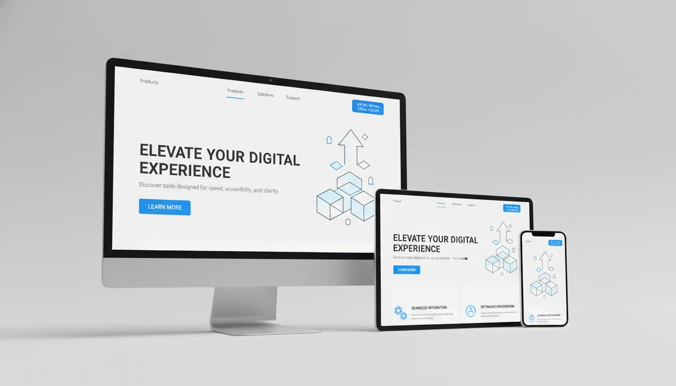 Responsive website mockups on desktop, tablet, and phone with a subtle overlay reading LCP 0.9s, INP 120ms, CLS 0.02 to highlight a fast, accessible WordPress build.