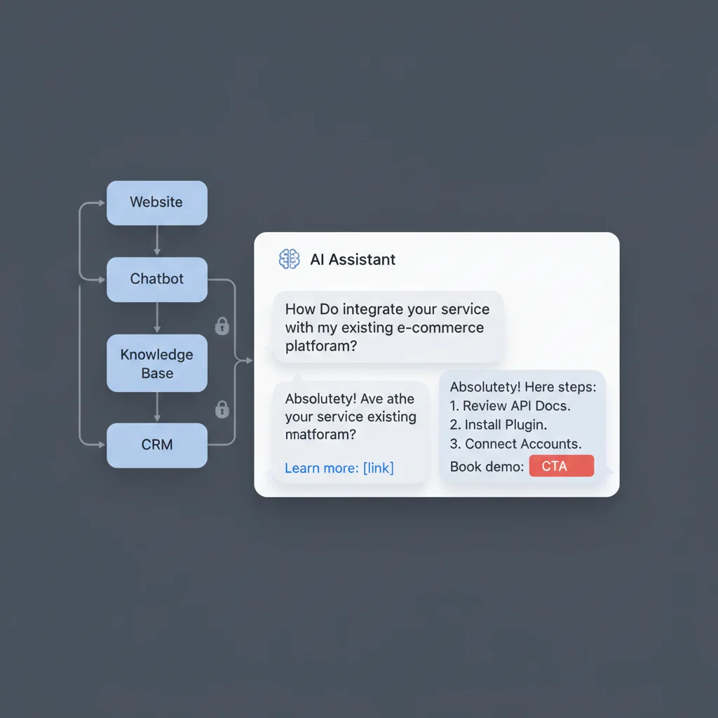 Website AI chatbot answering a customer question with an admin flow diagram and lock icons showing secure connections to a CRM and knowledge base.