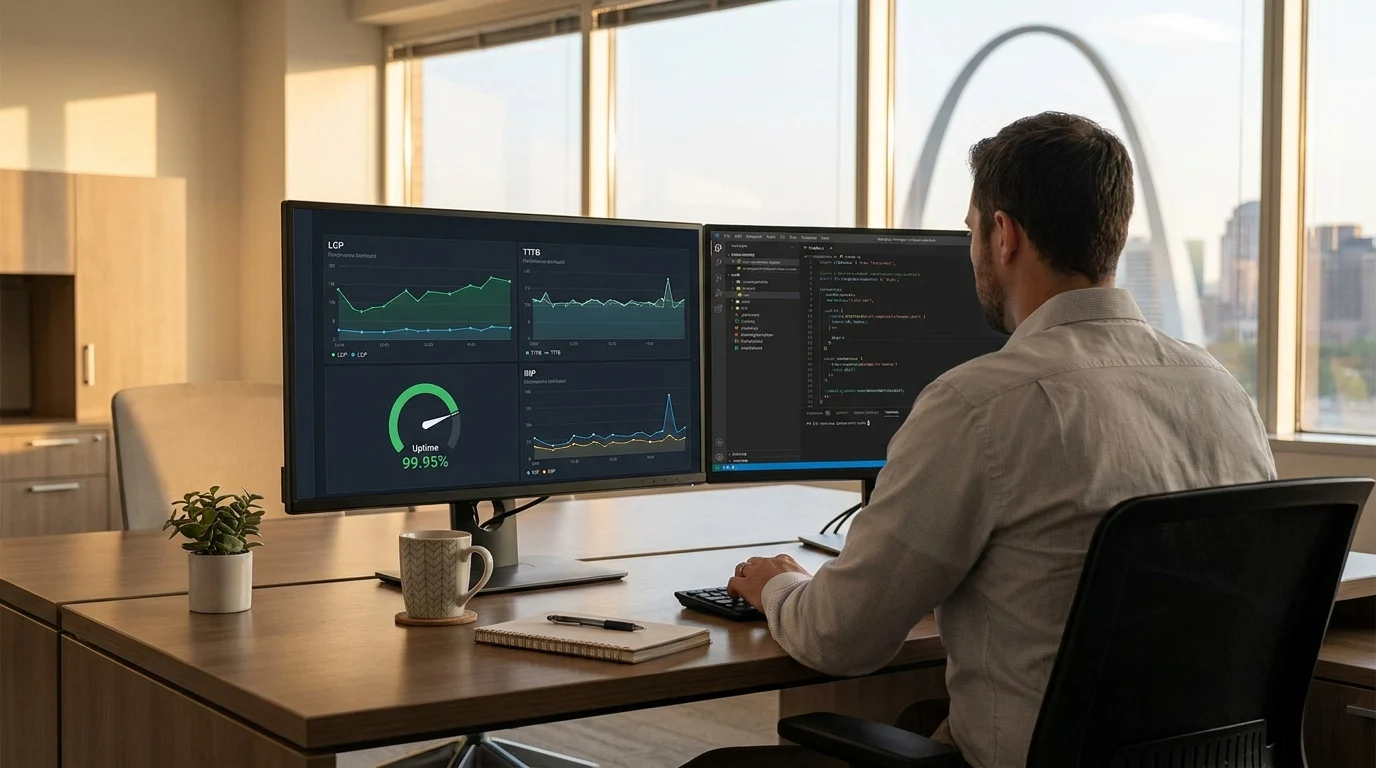 STL CodeScape engineer reviewing WordPress performance dashboards on dual monitors in a St. Louis office with the Gateway Arch in the background.