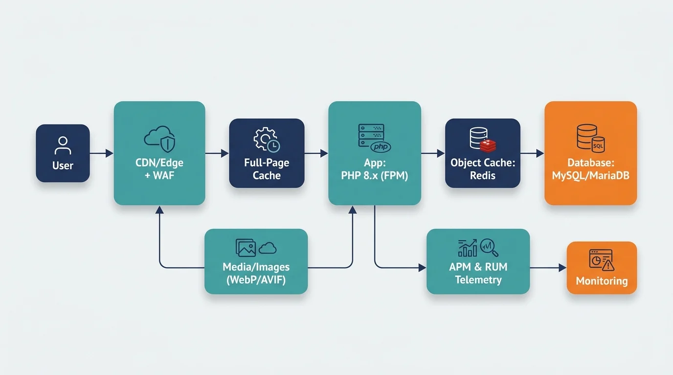 Diagram of the managed WordPress hosting stack showing CDN and WAF at the edge, caching layers, PHP application servers, Redis object cache, and the database.
