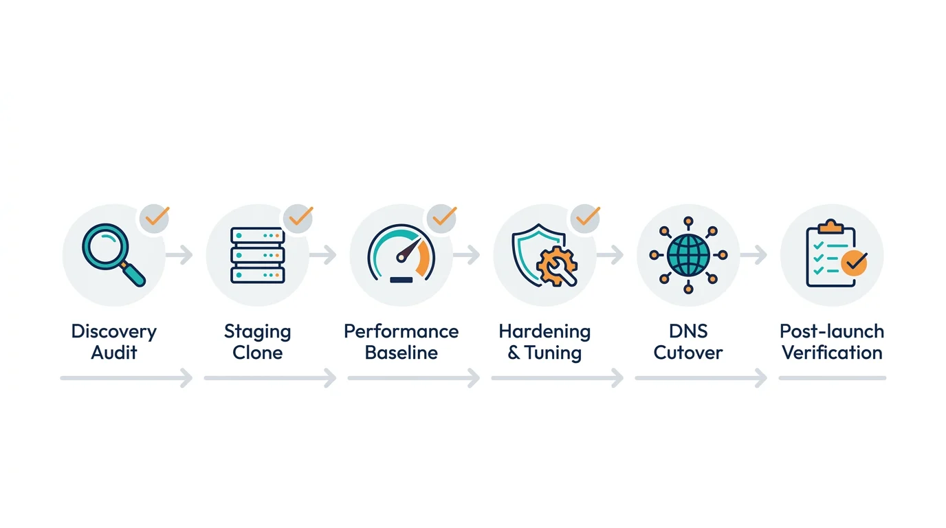 Zero‑downtime WordPress migration timeline showing six steps from discovery to post‑launch verification.