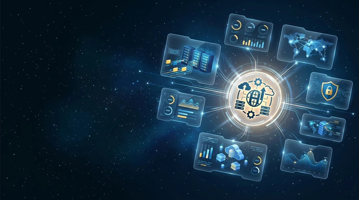 Site Hosting header image - Futuristic ‘Site Hosting’ command-center interface floating in a dark, starry digital space, no physical monit